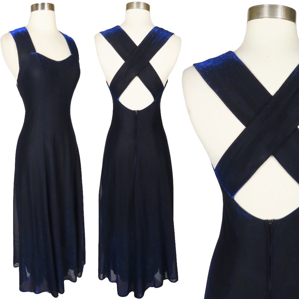 Vintage 90s Blue Black Metallic Lurex A-Line Maxi Prom Party Dress XS S